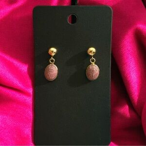 Vintage 14GF Rhodonite Scarab Post Earrings Marked W.R.E 3/4” WE Richards Estate